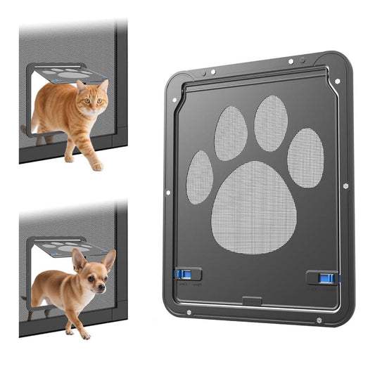Pet Door Screen with Paw Print Design, Black Mesh Ventilation Panel, Dog Cat Flap