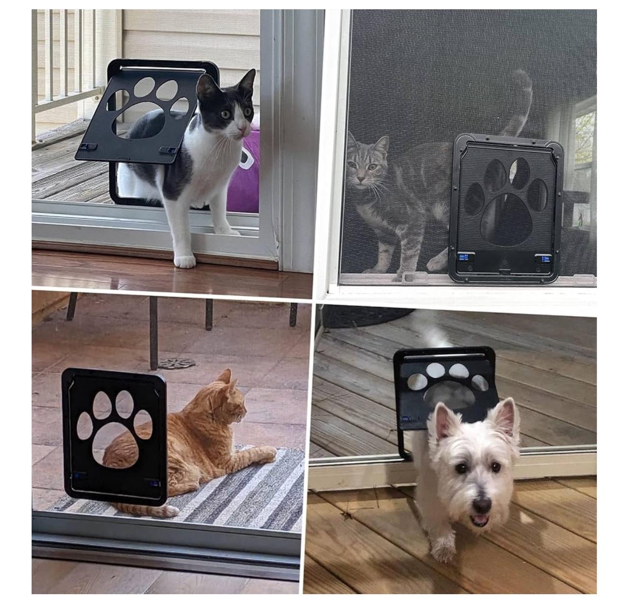 Pet Door Screen with Paw Print Design, Black Mesh Ventilation Panel, Dog Cat Flap