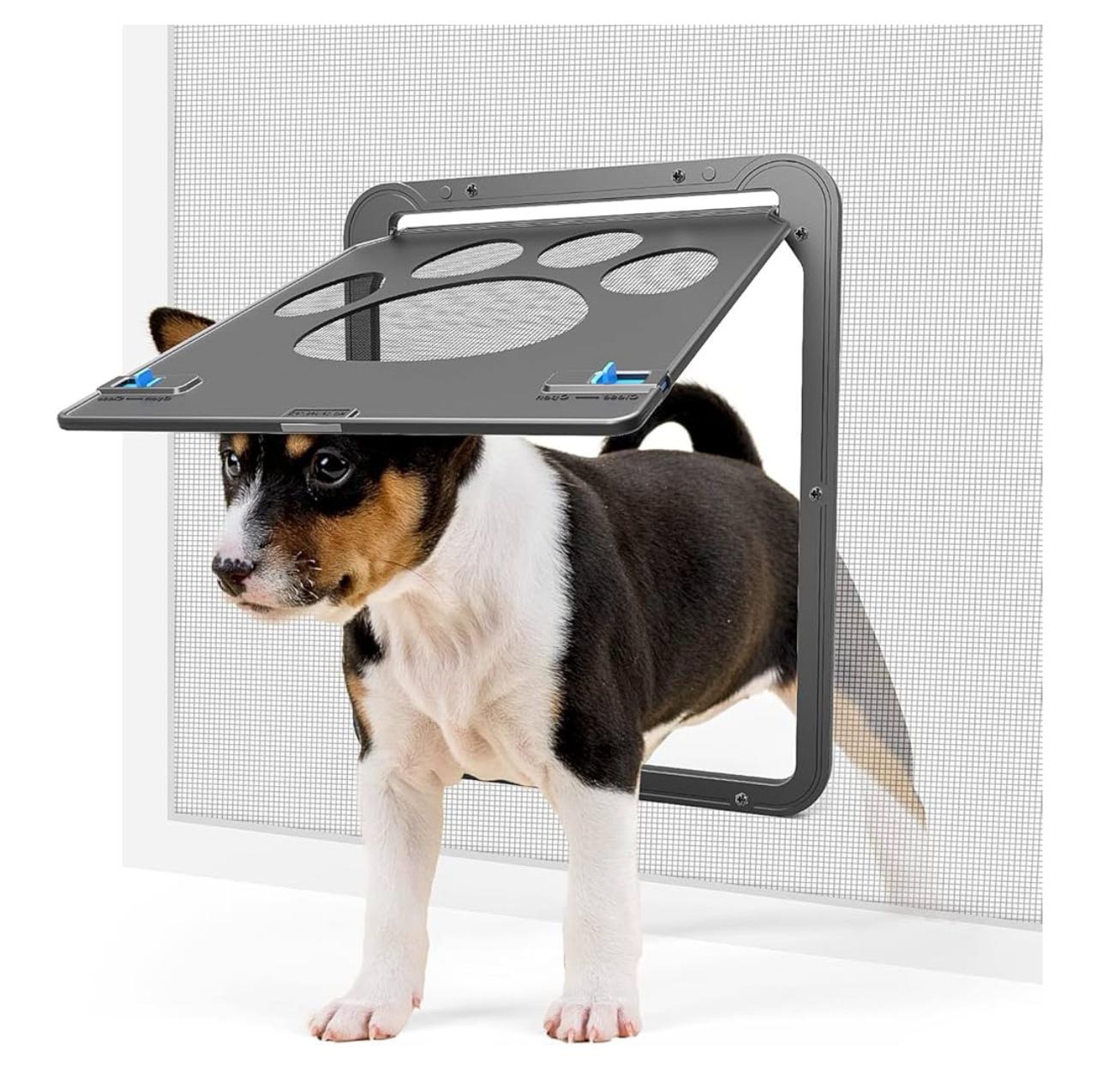 Pet Door Screen with Paw Print Design, Black Mesh Ventilation Panel, Dog Cat Flap