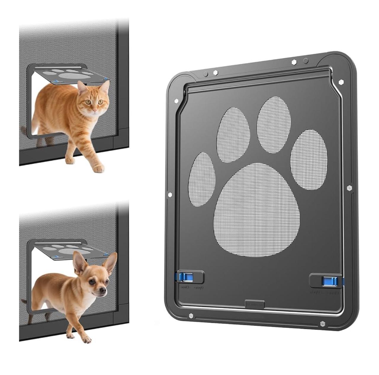 Pet Door Screen with Paw Print Design, Black Mesh Ventilation Panel, Dog Cat Flap