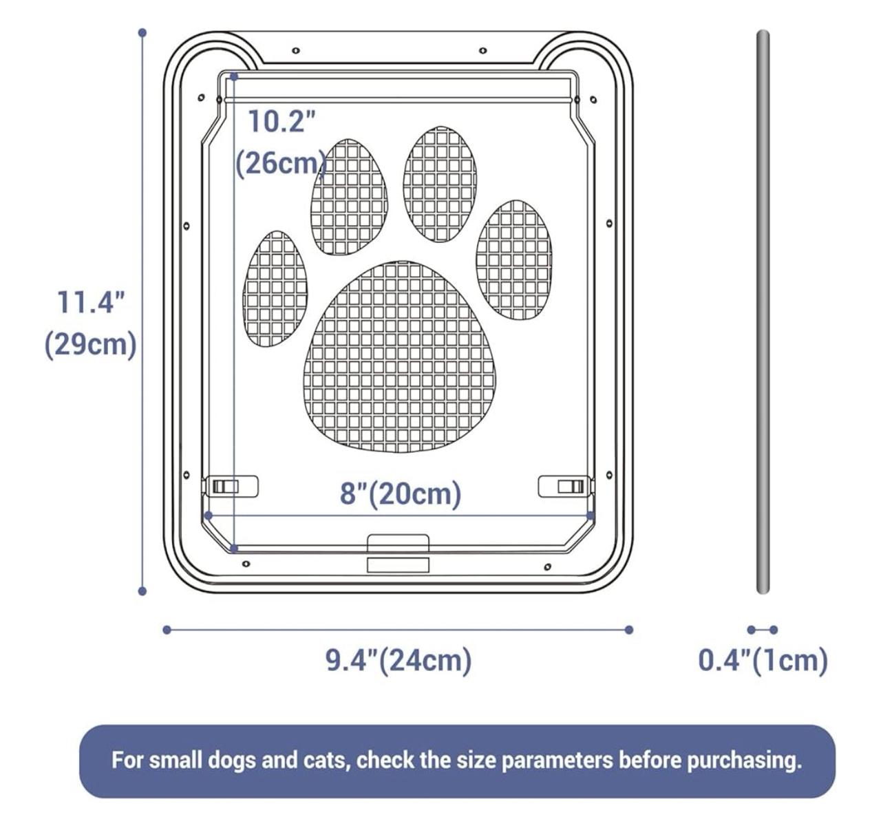 Pet Door Screen with Paw Print Design, Black Mesh Ventilation Panel, Dog Cat Flap