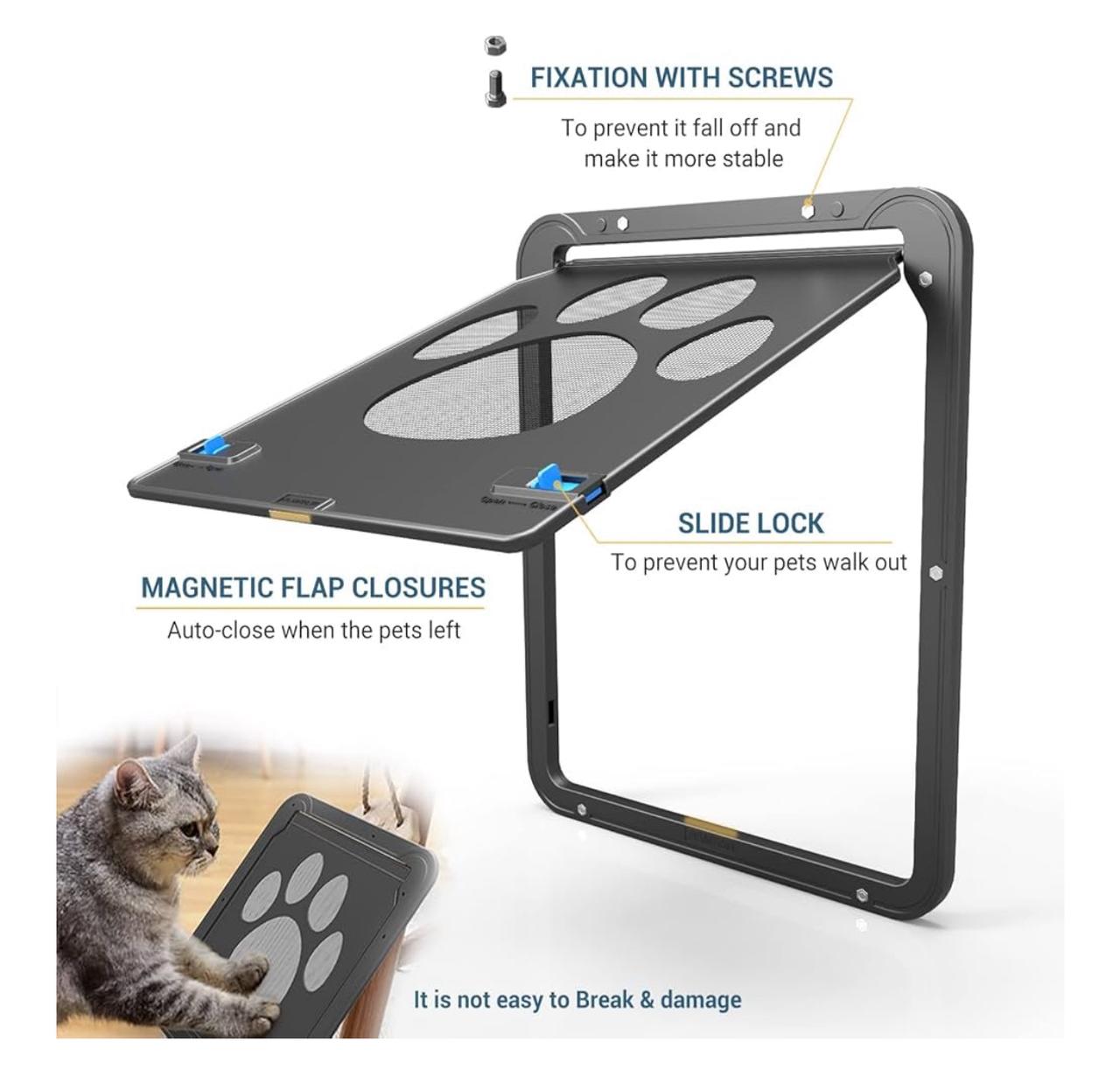 Pet Door Screen with Paw Print Design, Black Mesh Ventilation Panel, Dog Cat Flap